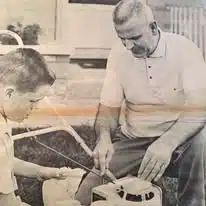 father, son, lawncare