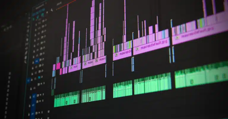 Close-up of a professional audio and video editing software interface with waveform displays.