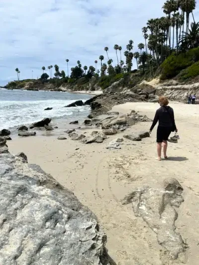 Person walking barefoot along a sandy beach with rocks, distant shoreline, and tall palm trees on a cliff.