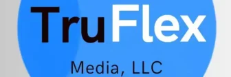 partial deep blue circle overlapped by light blue circle over grey background, logo for TruFlex Media LLC