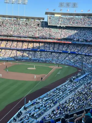 Dodgers Stadium, Los Angeles - TruFlex Media Wide view of a daytime baseball game in progress in a large stadium with fans in the stands.