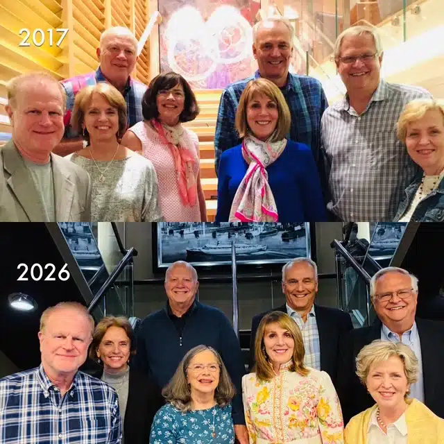 50 Year Club - TruFlex Media Two side-by-side group photos of eight adults posing on a staircase; top image labeled 2017, bottom image labeled 2026, both smiling at a reunion.
