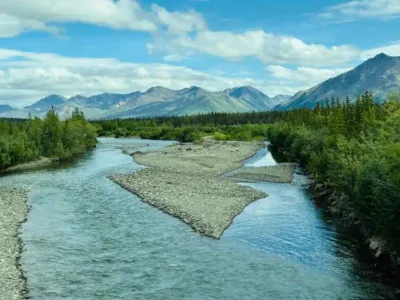Beautiful Alaska - TruFlex Media Wide river winds through gravel bars with green riverbanks and a distant mountain range under a bright sky.